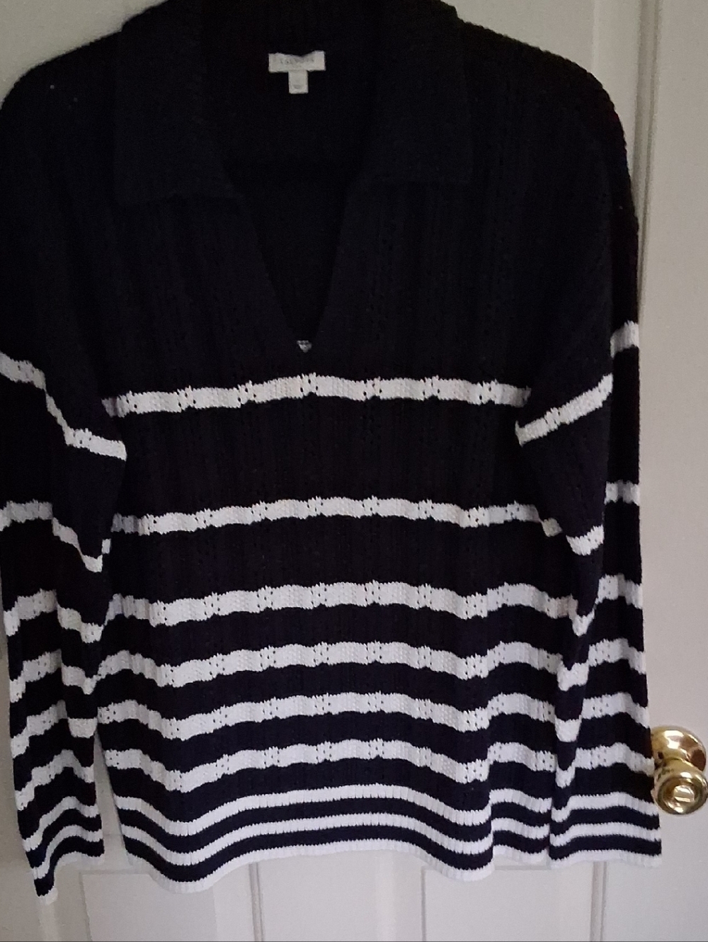Talbots Black and White Striped V-Neck Collared Knit Sweater